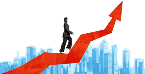 Businesswoman walking up a red arrow above a blue city skyline, collage style on a transparent background, symbolizing growth, ambition, and success