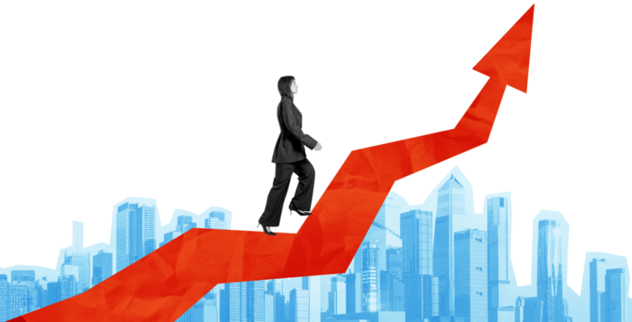 Businesswoman walking up a red arrow above a blue city skyline, collage style on a transparent background, symbolizing growth, ambition, and success