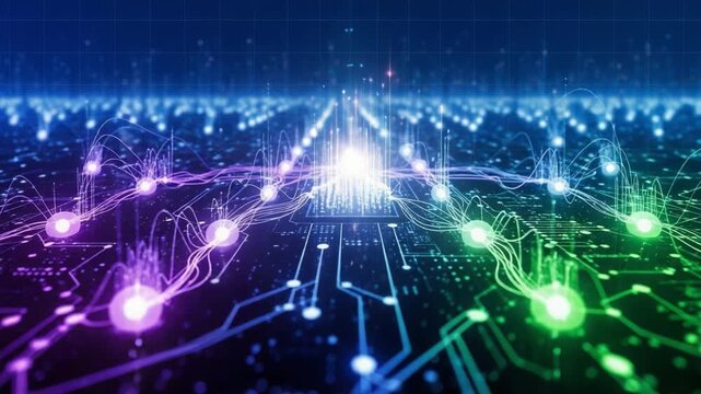 A Stunning Digital Landscape Showcasing Vibrant Light Patterns and Data Transmission in a Futuristic Circuit Board Environment, Illustrating Advanced Technology and Connectivity.