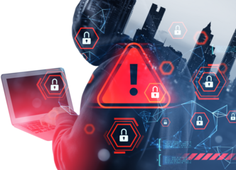 Hacker using laptop with red alert symbols and padlock icons over cityscape, digital style, futuristic background. Concept of data breach and cybercrime