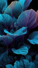 Obraz premium Vivid teal and purple tropical foliage against a stark black background, showcasing large, textured leaves with prominent veins and stems