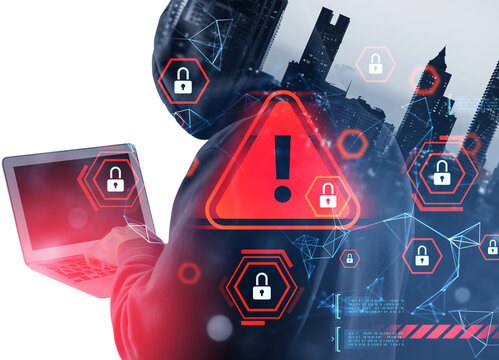 Hacker using laptop with red alert symbols and padlock icons over cityscape, digital style, futuristic background. Concept of data breach and cybercrime