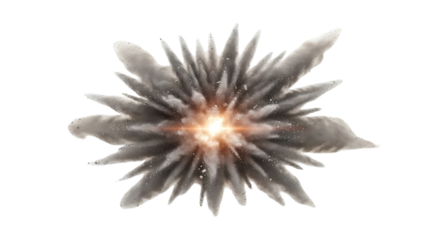 A striking, abstract explosion design, radiating outward from a central burst of light, displaying shades of gray and white against a black backdrop.
