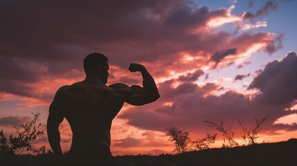 a silhouetted muscular man flexes his bicep against a vibrant and dramatic sunset sky with sparse vegetation in the foreground.