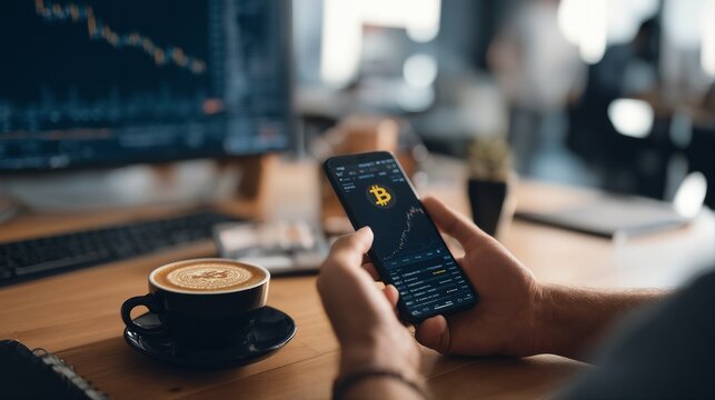 a person examines a bitcoin chart on their smartphone while enjoying a coffee in a cafe.