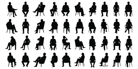 Array of seated male and female silhouettes in various postures on a white background Keywords: sitting, people, silhouette, man