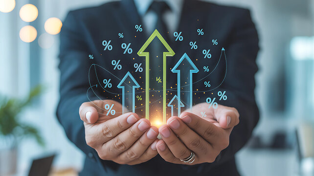 Business Hands Holding Rising Growth Arrows with HDR Glow Effect - Powered by Adobe