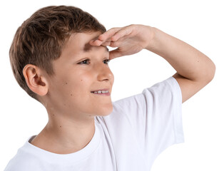 Happy kid boy looking ahead with hand above eyes, natural style, isolated on white background. Concept of curiosity, exploration, childhood vision