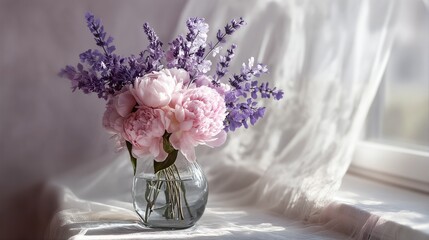 Obraz premium a delicate arrangement of pink peonies and lavender stands in a glass vase bathed in soft window light, creating a serene and peaceful still life.