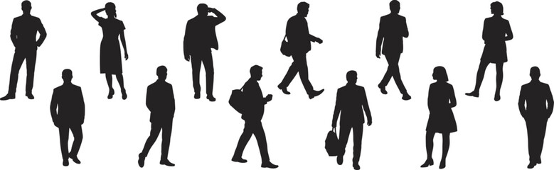 Black silhouettes of diverse people in various poses and actions on white background woman standing