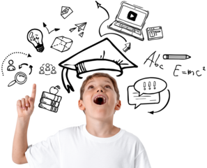 Happy child boy in white shirt isolated, pointing up and looking amazed, surrounded by hand-drawn educational elements on transparent background