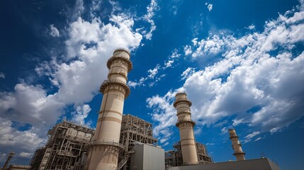 a low-angle view of towering smokestacks at a modern power plant contrasted against a vibrant blue sky filled with fluffy white clouds.