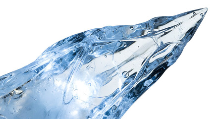 Close-up of a fractured, icy shard, showcasing intricate details and a striking blue hue against a dark background.