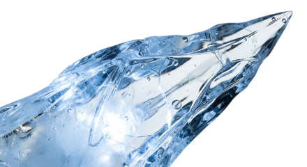 Close-up of a fractured, icy shard, showcasing intricate details and a striking blue hue against a dark background.