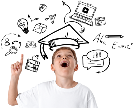 Happy child boy in white shirt isolated, pointing up and looking amazed, surrounded by hand-drawn educational elements on transparent background
