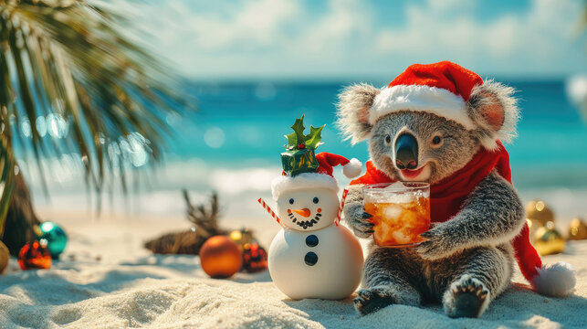Koala in festive santa hat, red scarf, sipping cocktail near snowman on sunny Australian beach, blending winter holiday charm with summer tropical scenery