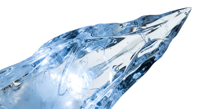 Close-up of a fractured, icy shard, showcasing intricate details and a striking blue hue against a dark background.