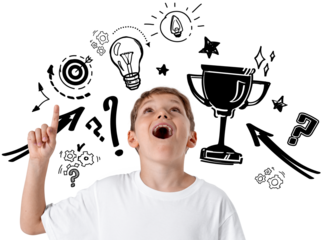 Happy boy in white shirt isolated on white with hand-drawn elements like trophy, arrows, and light bulb around him, representing creativity and achievement