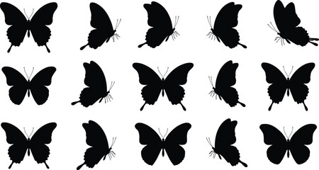Collection of black butterfly silhouettes in different flight and resting poses Keywords: butterfly, silhouette, insect, flying