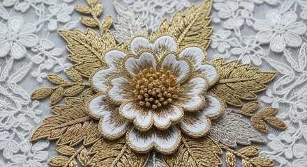 Intricate Embroidery Floral Design with Gold Leaves on White Lace Background