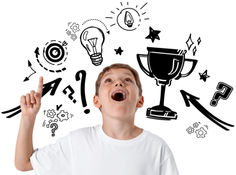 Happy boy in white shirt isolated on white with hand-drawn elements like trophy, arrows, and light bulb around him, representing creativity and achievement - Powered by Adobe