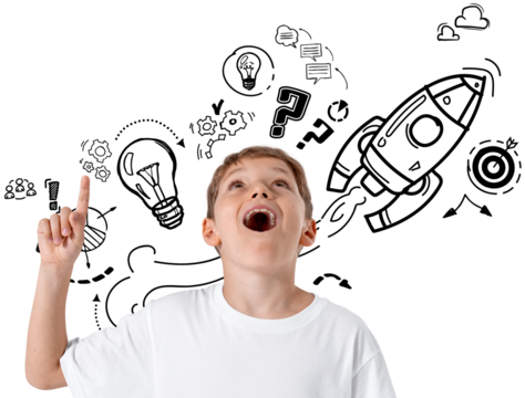 Happy boy in white t-shirt pointing up, surrounded by sketch-style doodles of creativity and innovation on white background, concept of imagination