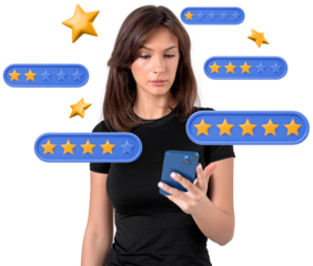 Woman holding smartphone, surrounded by colorful rating icons with stars, in minimal realistic style, isolated on transparent background, user feedback concept