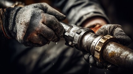 a close-up shot depicts a worker's gloved hands tightening a large, industrial pipe connection with water droplets visible against a dark, blurred background.