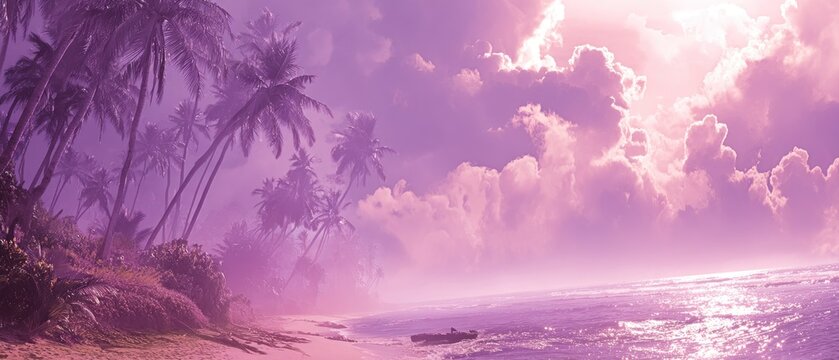 Dreamy beach scene with misty air. Palm trees line a sandy shore where gentle waves meet the land under a pastel sky filled with fluffy clouds - Powered by Adobe