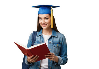 Young woman graduate smiling holding open book wearing cap and gown ready for future transparent background