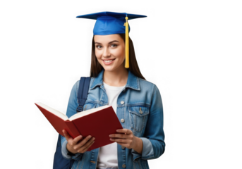 Young woman graduate smiling holding open book wearing cap and gown ready for future transparent background