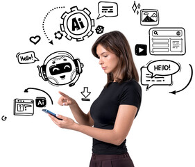 Woman interacting with smartphone, surrounded by hand-drawn tech and chatbot icons, isolated on transparent background, symbolizing communication concept