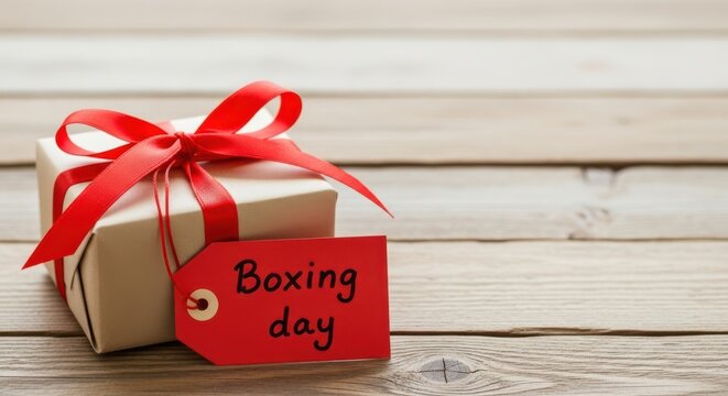 A festive gift box with a bright red ribbon and a red tag announcing boxing day sits