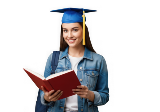 Young woman graduate smiling holding open book wearing cap and gown ready for future transparent background