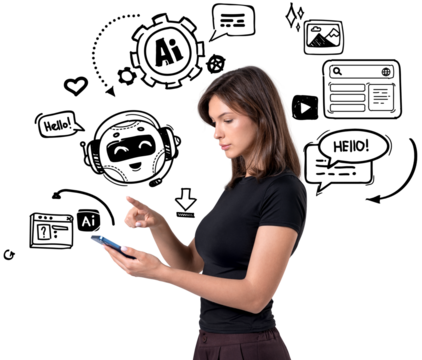 Woman interacting with smartphone, surrounded by hand-drawn tech and chatbot icons, isolated on transparent background, symbolizing communication concept