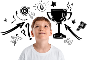 Curious boy in white shirt looking up, surrounded by hand-drawn success and idea doodles, on white background. Concept of creativity and ambition