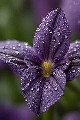 Close-up macro photograph of a dew-kissed, deep purple flower; serene, tranquil mood; vibrant color saturation; exquisite detail showcasing water droplets on petals; botanical, nature, and floral