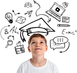 Smiling boy looking up surrounded by educational hand-drawn doodles, in realistic style, on transparent background, symbolizing learning and imagination