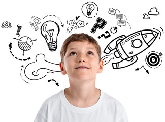 Young boy in white shirt looking upward, surrounded by hand-drawn doodles of ideas, rocket, gears, and symbols, isolated on white background, concept of imagination