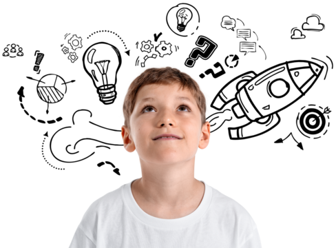 Young boy in white shirt looking upward, surrounded by hand-drawn doodles of ideas, rocket, gears, and symbols, isolated on white background, concept of imagination