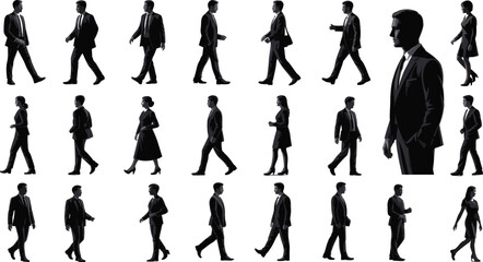 Collection of diverse male and female business people in silhouette walking and standing women