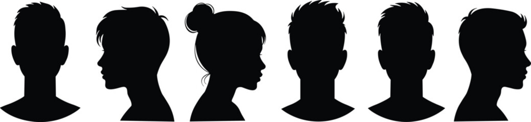 Collection of diverse male and female head silhouettes in profile and frontal views vector illustration