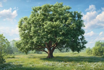 Lush, full tree with a gnarled trunk stands in a field of wildflowers beneath a bright, partly cloudy sky, evoking peace and tranquility
