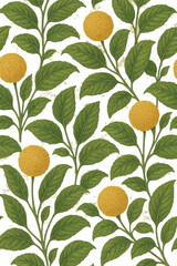 "Hand-Drawn Yellow Floral Pattern with Green Leaves &ndash; Vintage Botanical Design for Textile and Wallpaper"