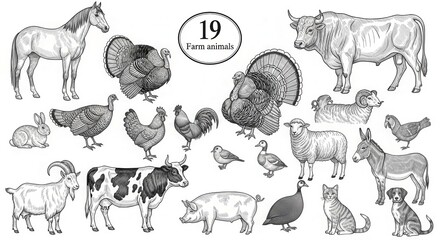 A diverse collection of farm animals including a horse bull cow sheep goat