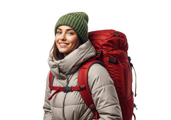 Young woman with warm smile ready for adventure wearing cozy winter gear and backpack transparent background