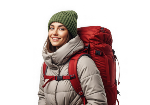 Young woman with warm smile ready for adventure wearing cozy winter gear and backpack transparent background