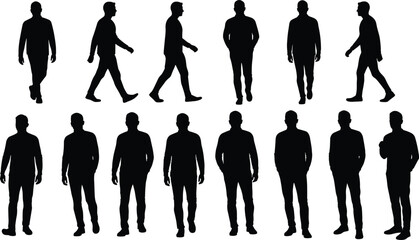 Collection of Male Silhouettes Walking and Standing on White Background Keywords: man, male, silhouette, standing, walking
