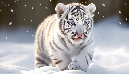 Cute Baby white tiger running on snow