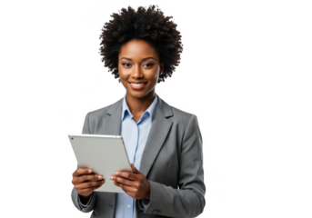 Smiling businesswoman holding a tablet isolated on transparent background